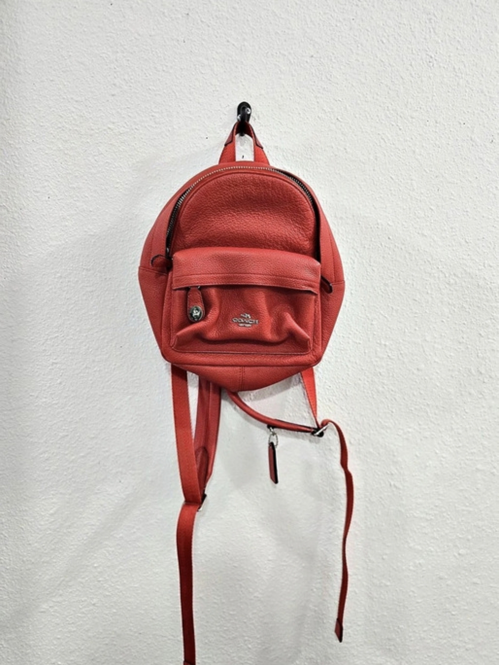 COACH Mini Turnlock Rucksack in Polished Pebble Leather Red Leather Backpack